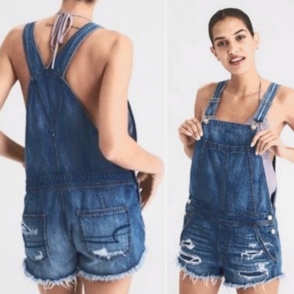 American Eagle Outfitters Tomgirl Shortall Distressed Bib Overalls Shorts Size M - Picture 2 of 16